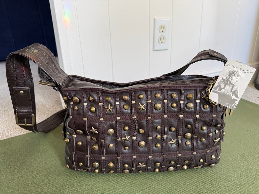 NWT Vintage Betsey Johnson Lucky Star Studded Leather Crossbody Brown Y2K